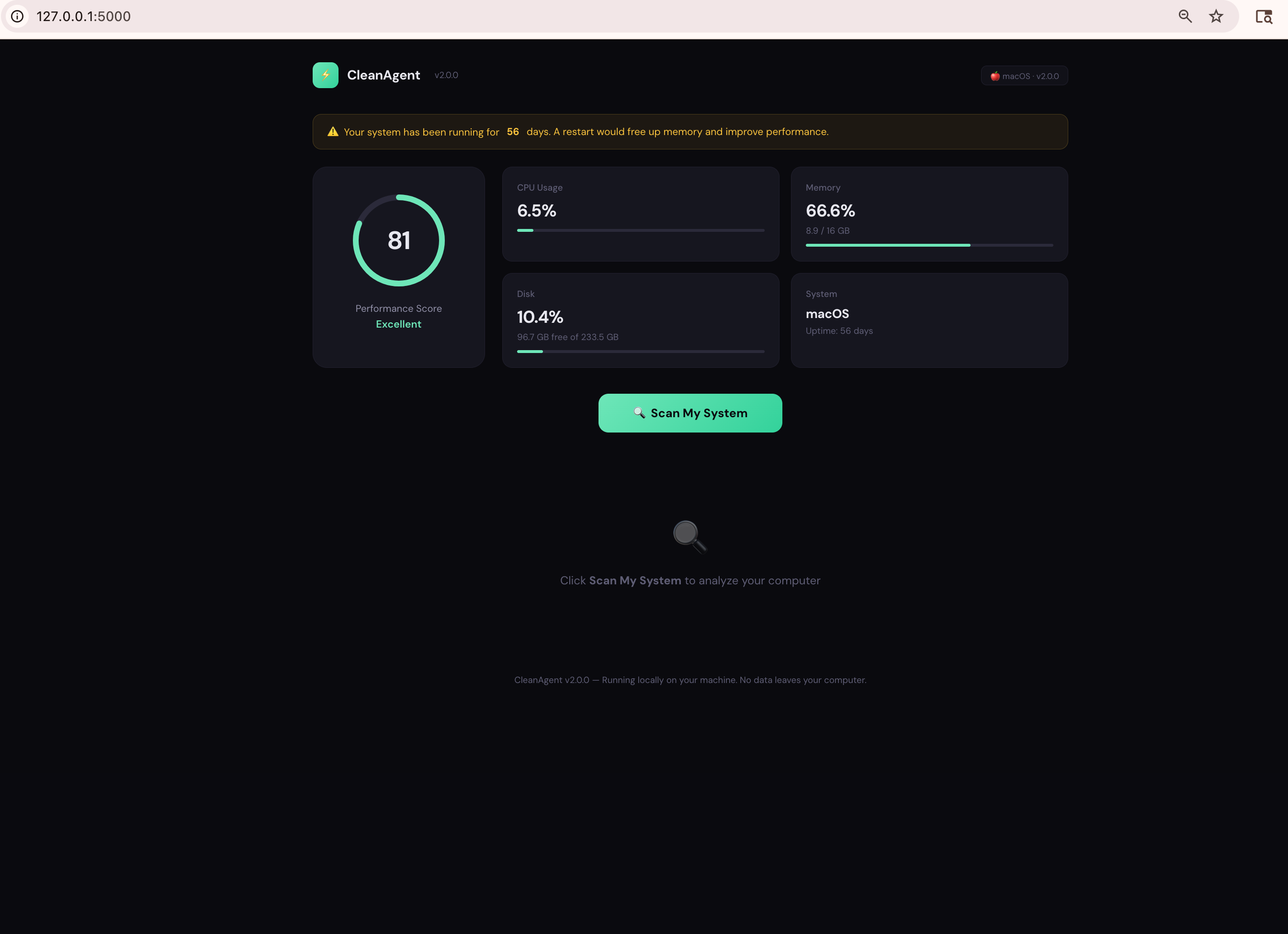 CleanAgent dashboard showing performance score, CPU, memory, and disk metrics